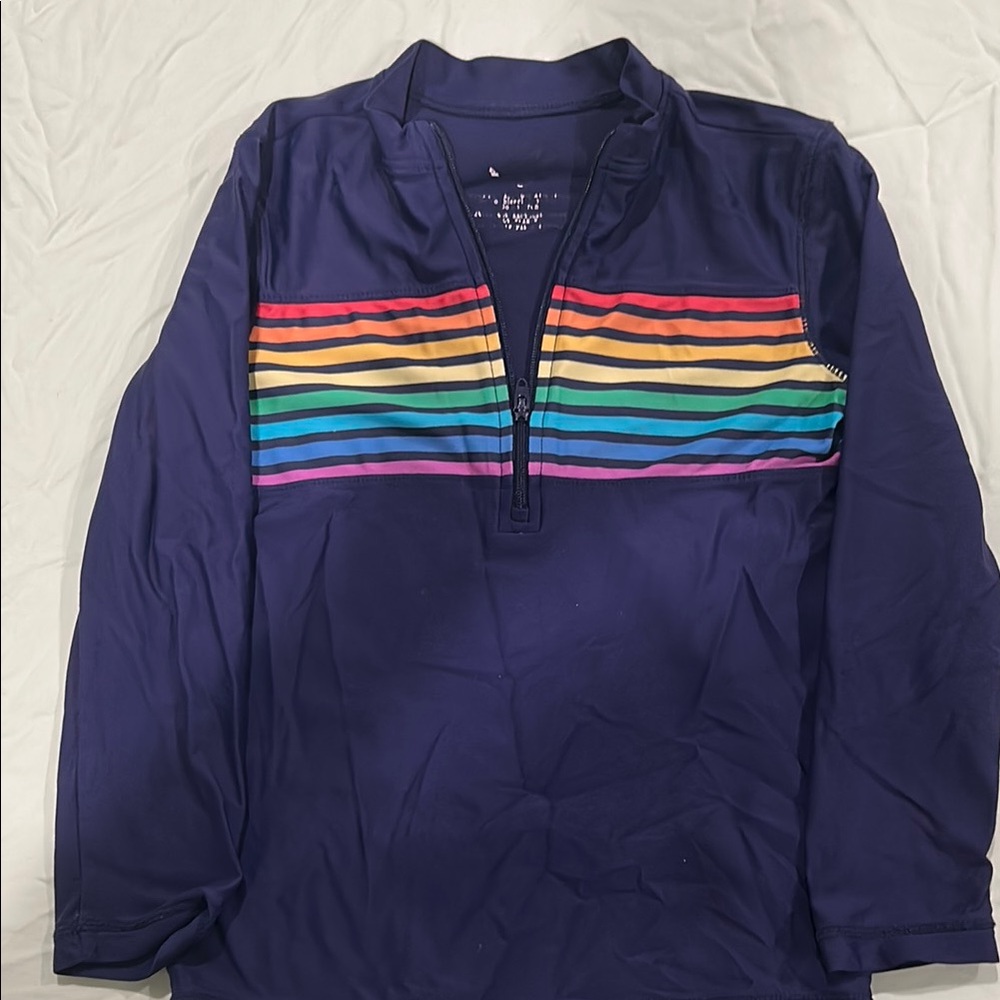 Navy Pullover with Rainbow Stripes